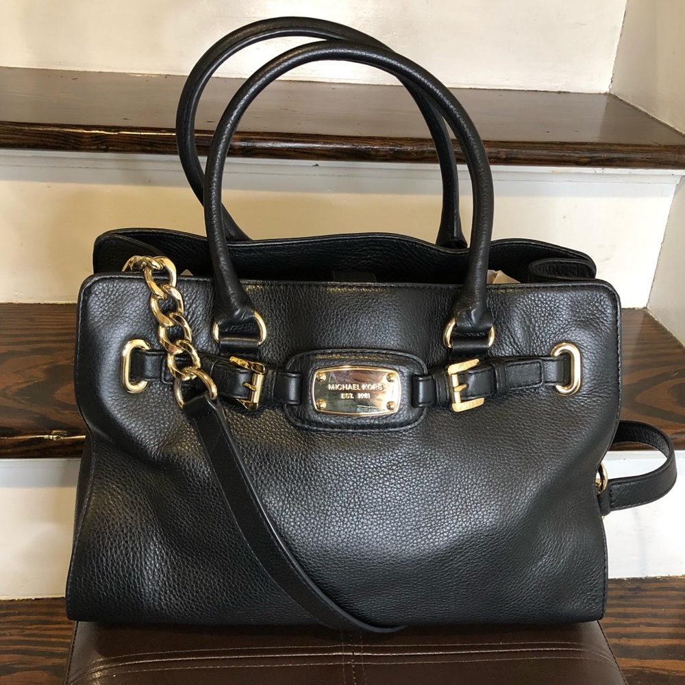 MICHAEL KORS Tumbled Black Leather Crossbody Satchel Gold Hardware
